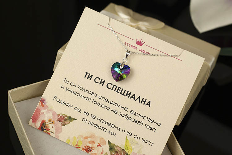 Сребърно колие с многоцветно кристално сърце Swarovski – снимка 5