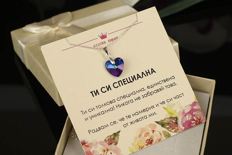 Сребърно колие с многоцветно кристално сърце Swarovski – снимка 6