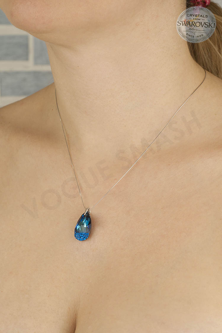 Сребърно колие с капковиден син кристал Swarovski и ръчна инкрустация - Image 2