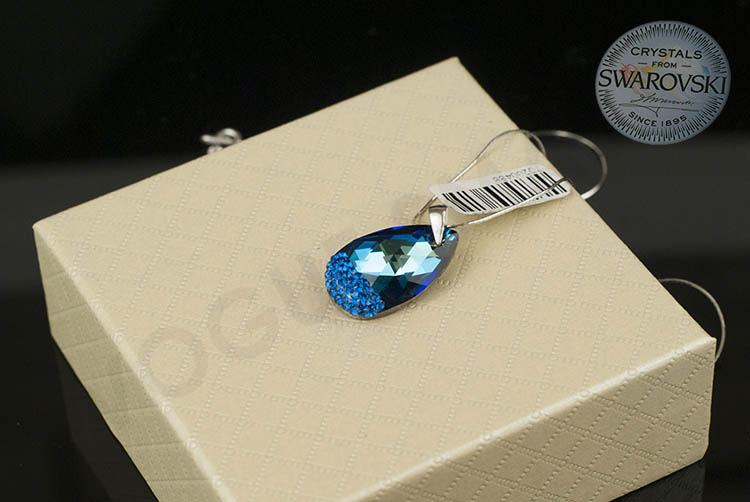 Сребърно колие с капковиден син кристал Swarovski и ръчна инкрустация - Image 6