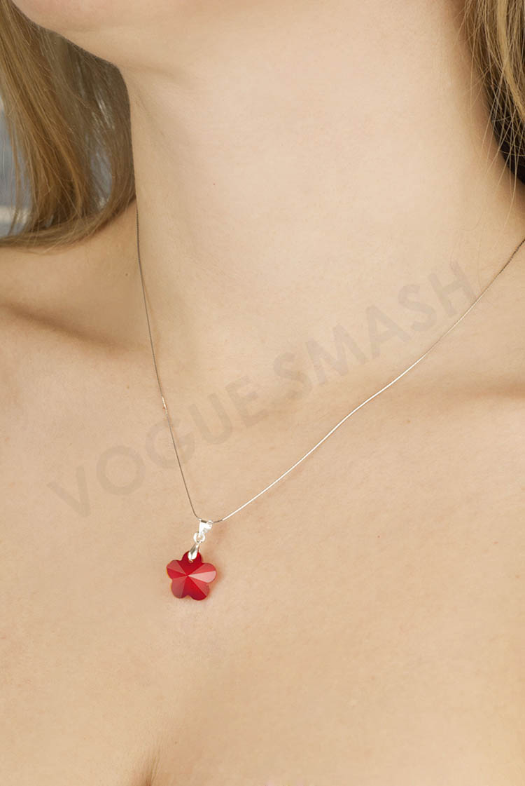 Сребърно колие с червено кристално цвете Swarovski – снимка 3
