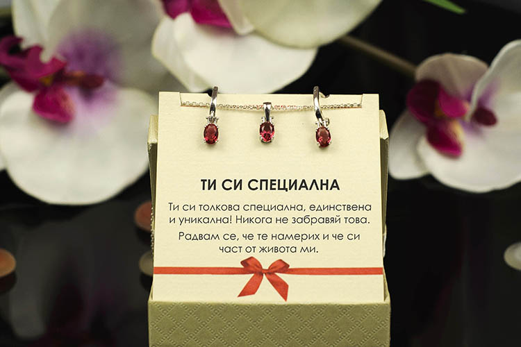 Сребърен комплект обеци и колие с овален рубин - Image 3