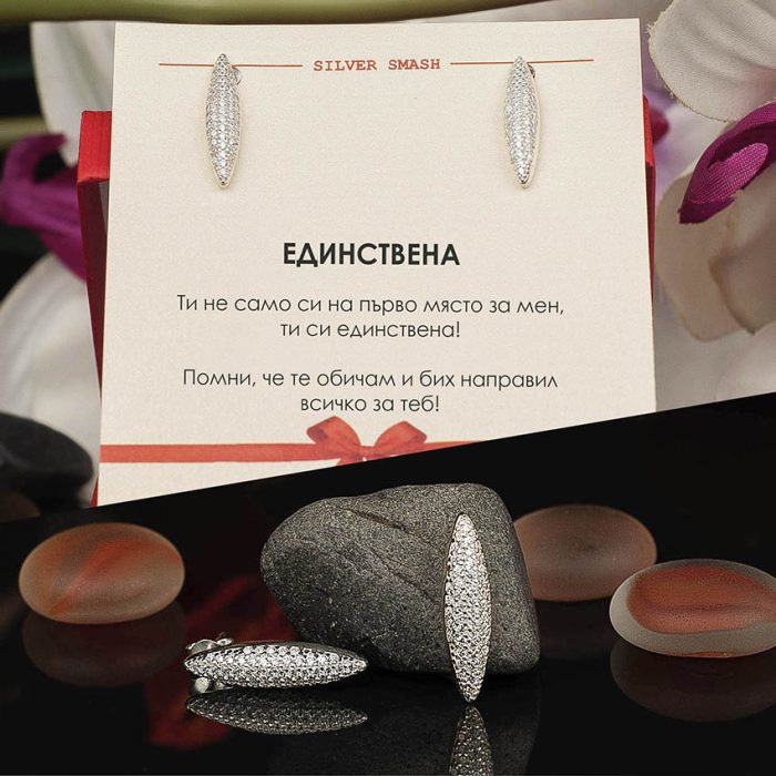 Сребърни обеци с издължена форма и циркони