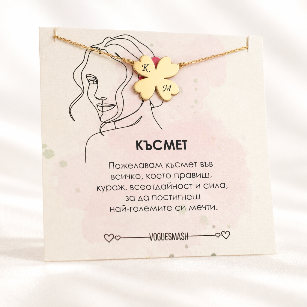 Сребърно колие с детелина и 14К злато с гравирани букви по избор - Image 2