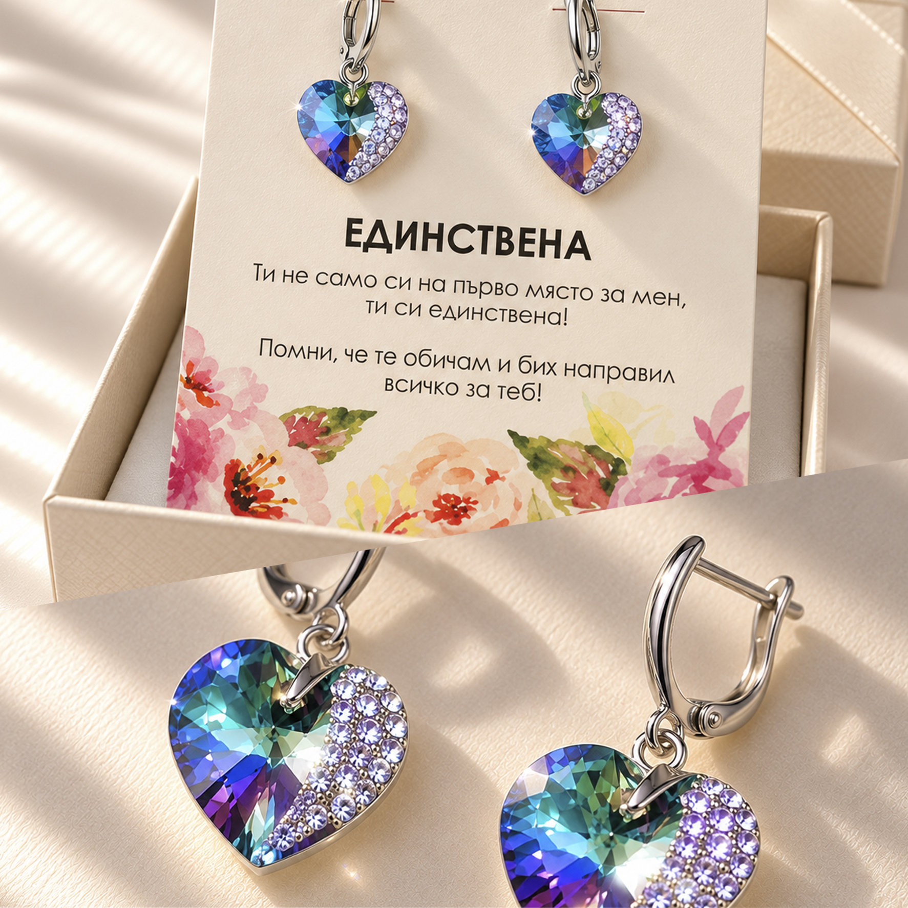 Ръчно инкрустирани сребърни обеци с кристални синьо-лилави сърца Swarovski