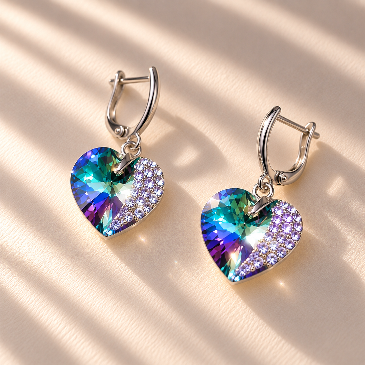 Ръчно инкрустирани сребърни обеци с кристални синьо-лилави сърца Swarovski - Image 3